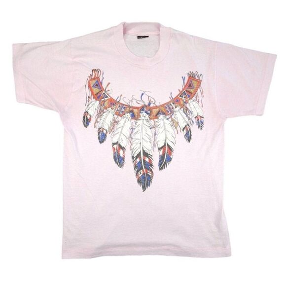 Vintage Native American T Shirt Mens Size Medium Pink 90s Southwestern Feathers - Picture 1 of 7